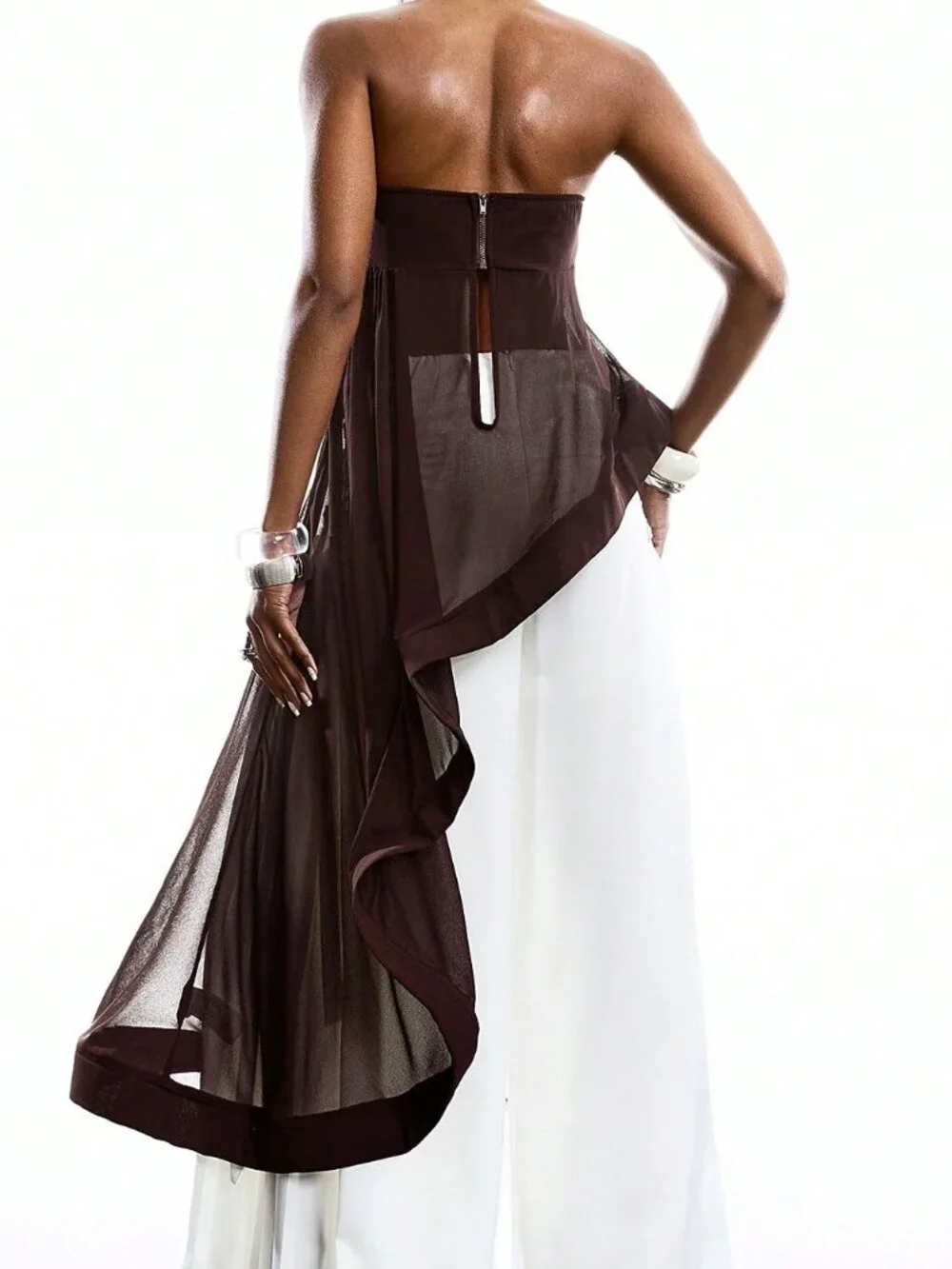 Coffee Brown Casual Women's Asymmetric Mesh Patchwork Camisole Top